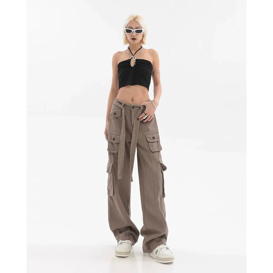 Adeline Solid Color Straight Leg Multi-Pocket Belt High Waist Cargo Pants