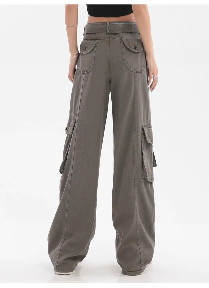 Adeline Solid Color Straight Leg Multi-Pocket Belt High Waist Cargo Pants