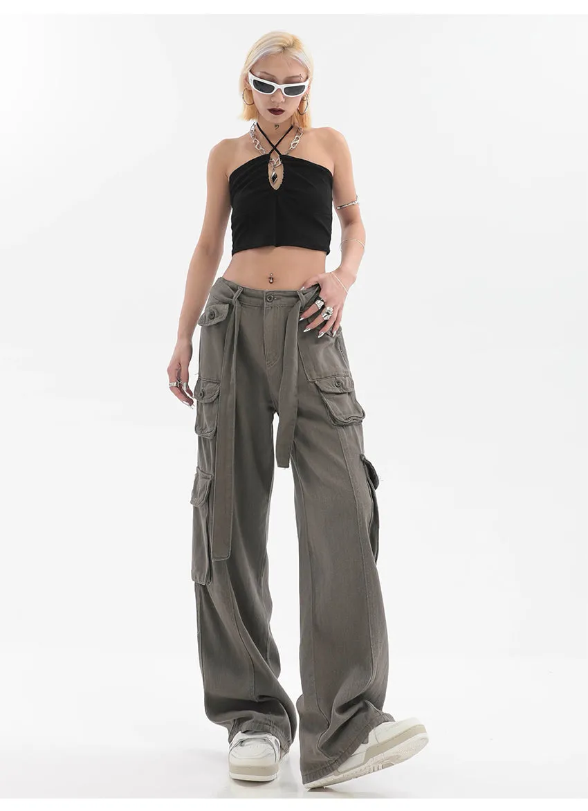 Adeline Solid Color Straight Leg Multi-Pocket Belt High Waist Cargo Pants