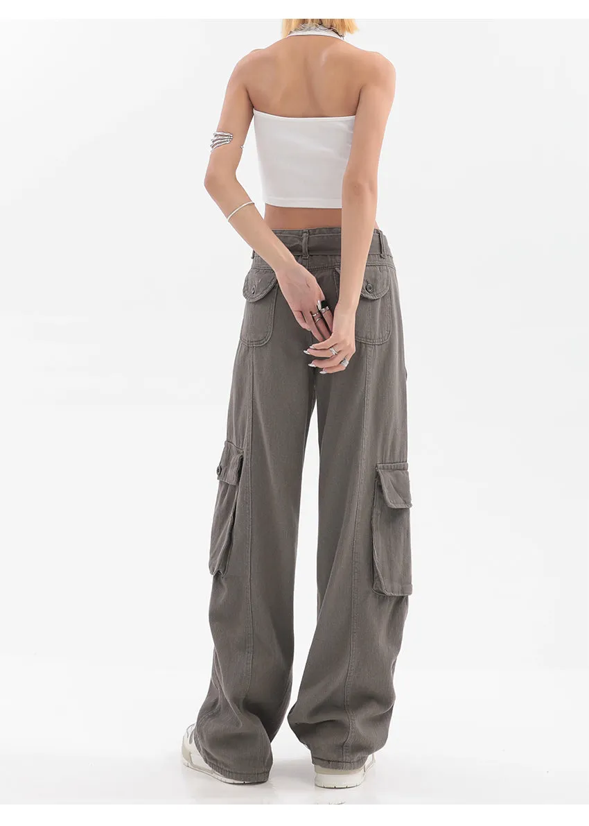 Adeline Solid Color Straight Leg Multi-Pocket Belt High Waist Cargo Pants