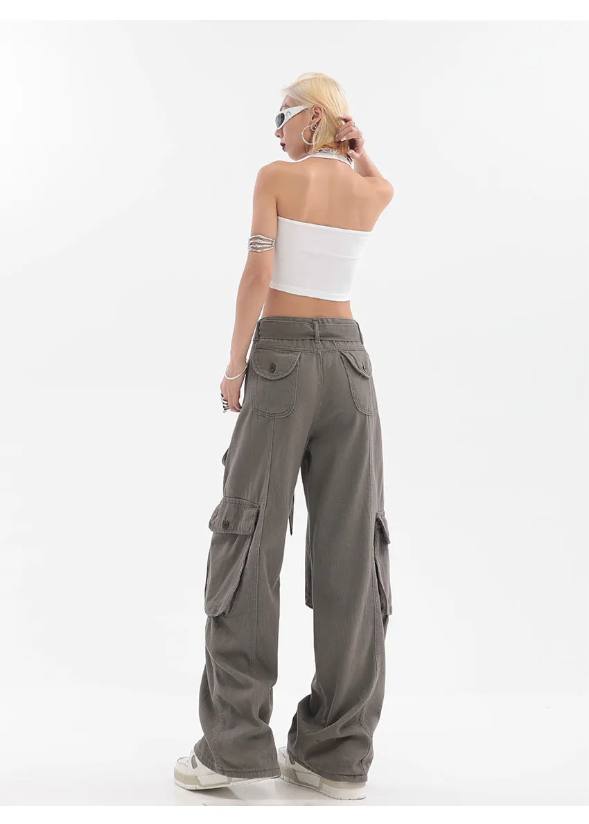 Adeline Solid Color Straight Leg Multi-Pocket Belt High Waist Cargo Pants