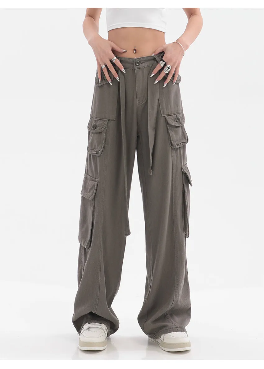 Adeline Solid Color Straight Leg Multi-Pocket Belt High Waist Cargo Pants