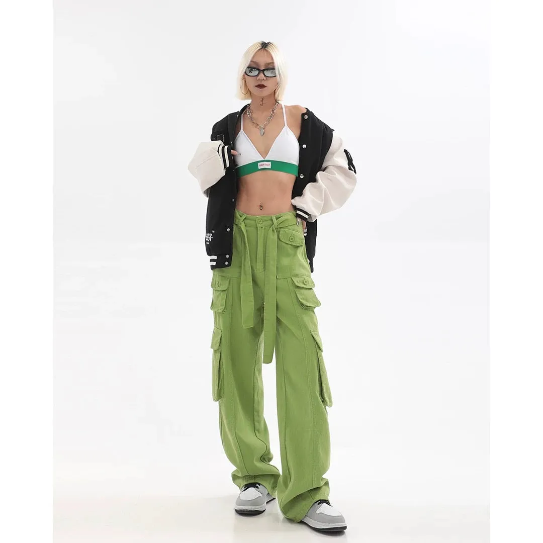 Adeline Solid Color Straight Leg Multi-Pocket Belt High Waist Cargo Pants