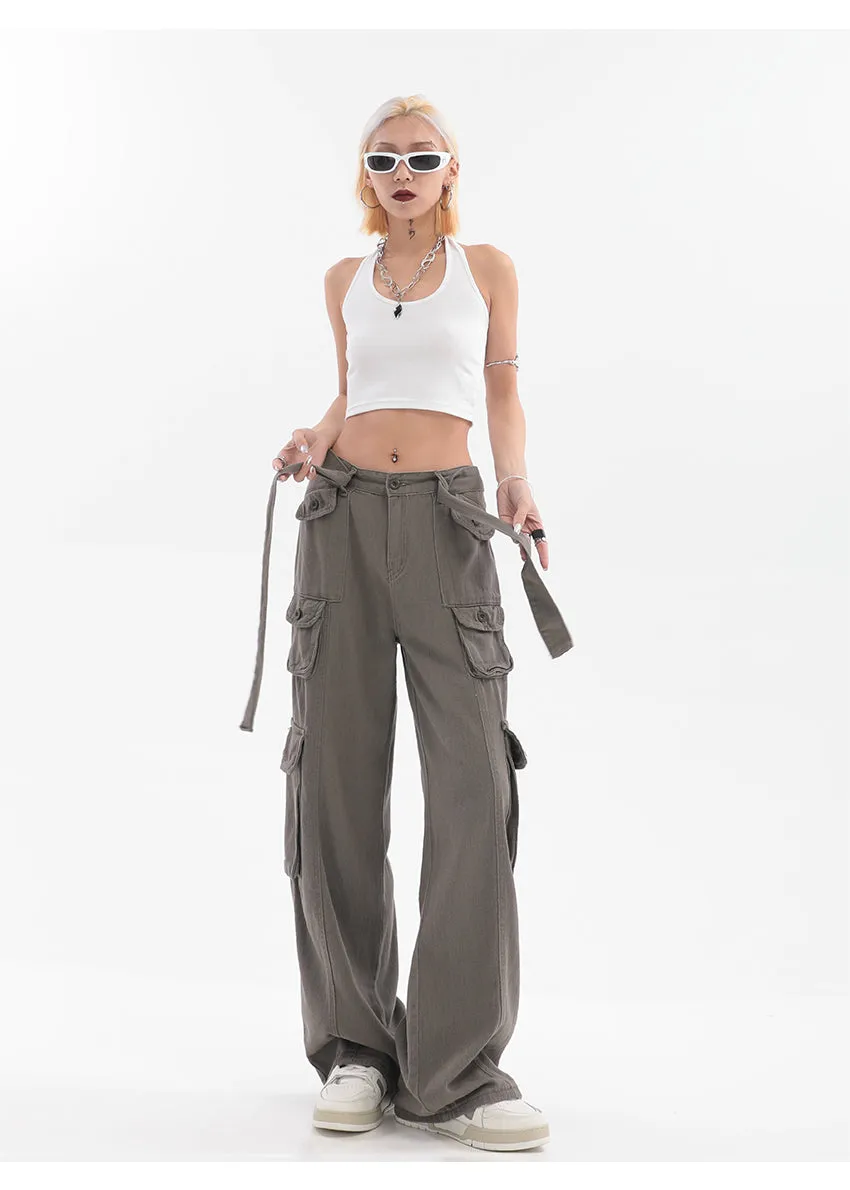 Adeline Solid Color Straight Leg Multi-Pocket Belt High Waist Cargo Pants