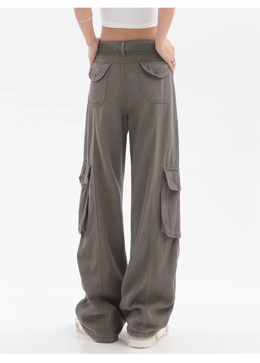 Adeline Solid Color Straight Leg Multi-Pocket Belt High Waist Cargo Pants