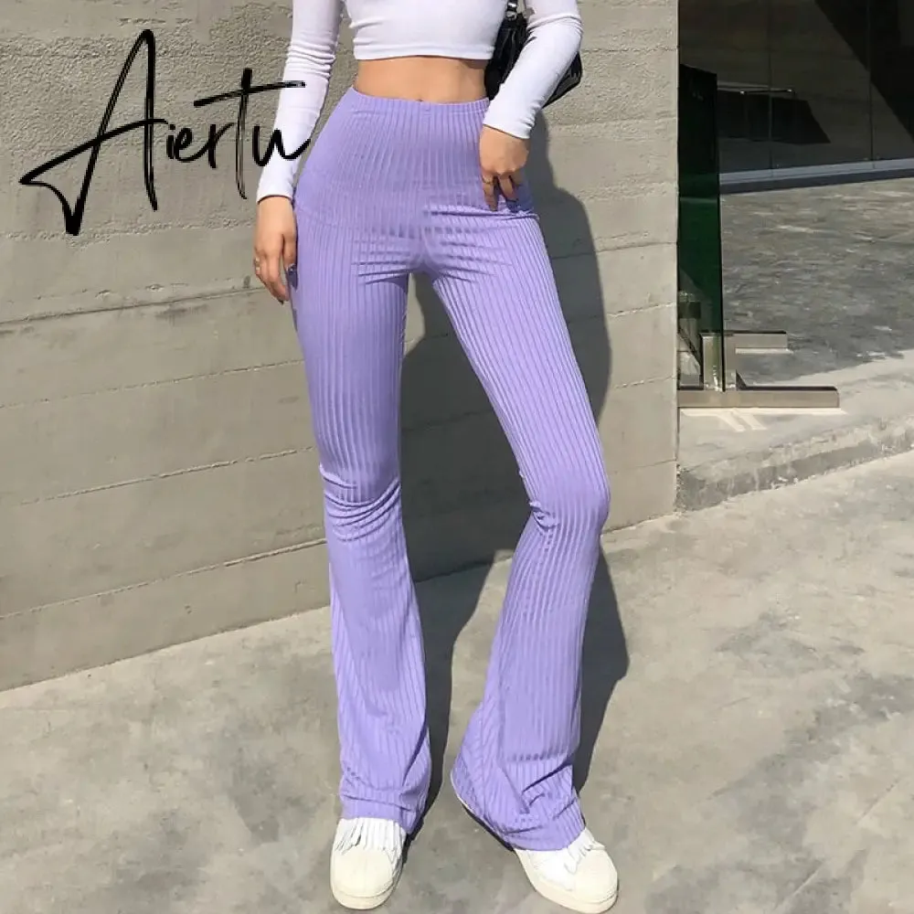 Aiertu Women Sexy Close-fitting Flared Pants, Solid Color High Waist Trousers