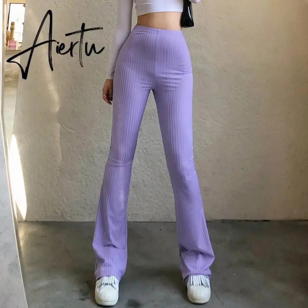 Aiertu Women Sexy Close-fitting Flared Pants, Solid Color High Waist Trousers