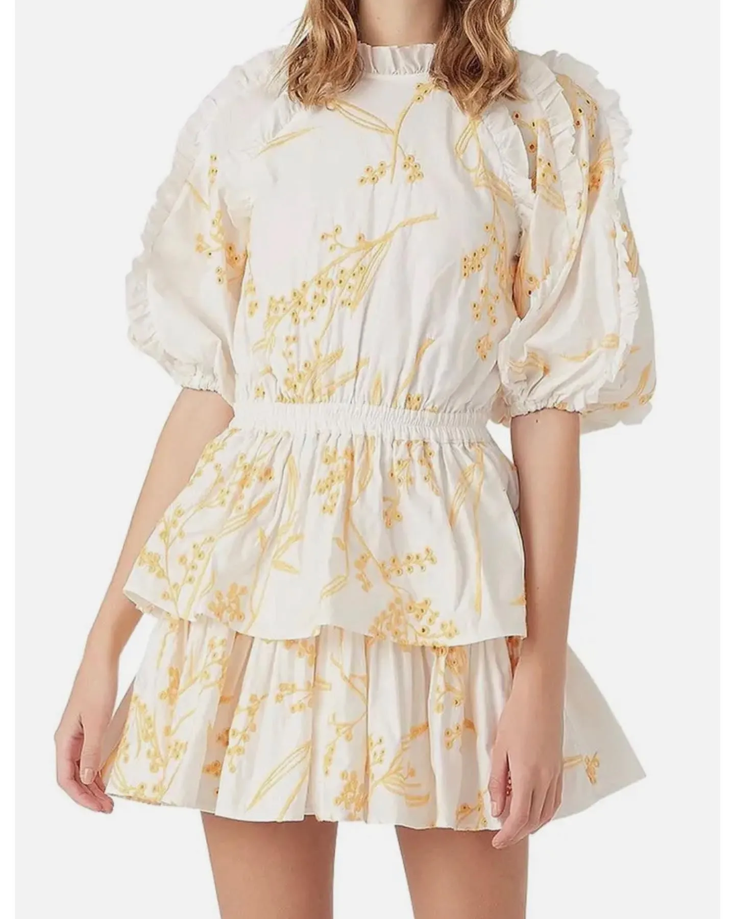 Aje White and Yellow Mimosa Broderie Frill Mini Dress