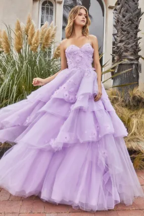 Andrea & Leo A1220 Strapless with Floral Appliques Layered Ball Gown