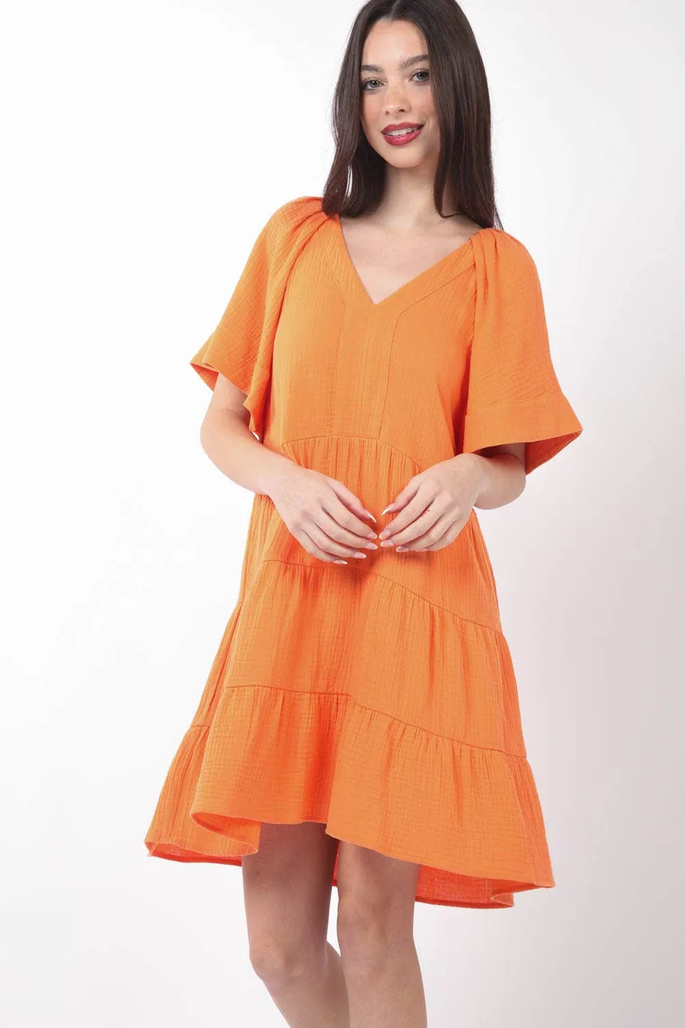 Apricot Solid Gauze Babydoll Tiered Flare Mini Dress