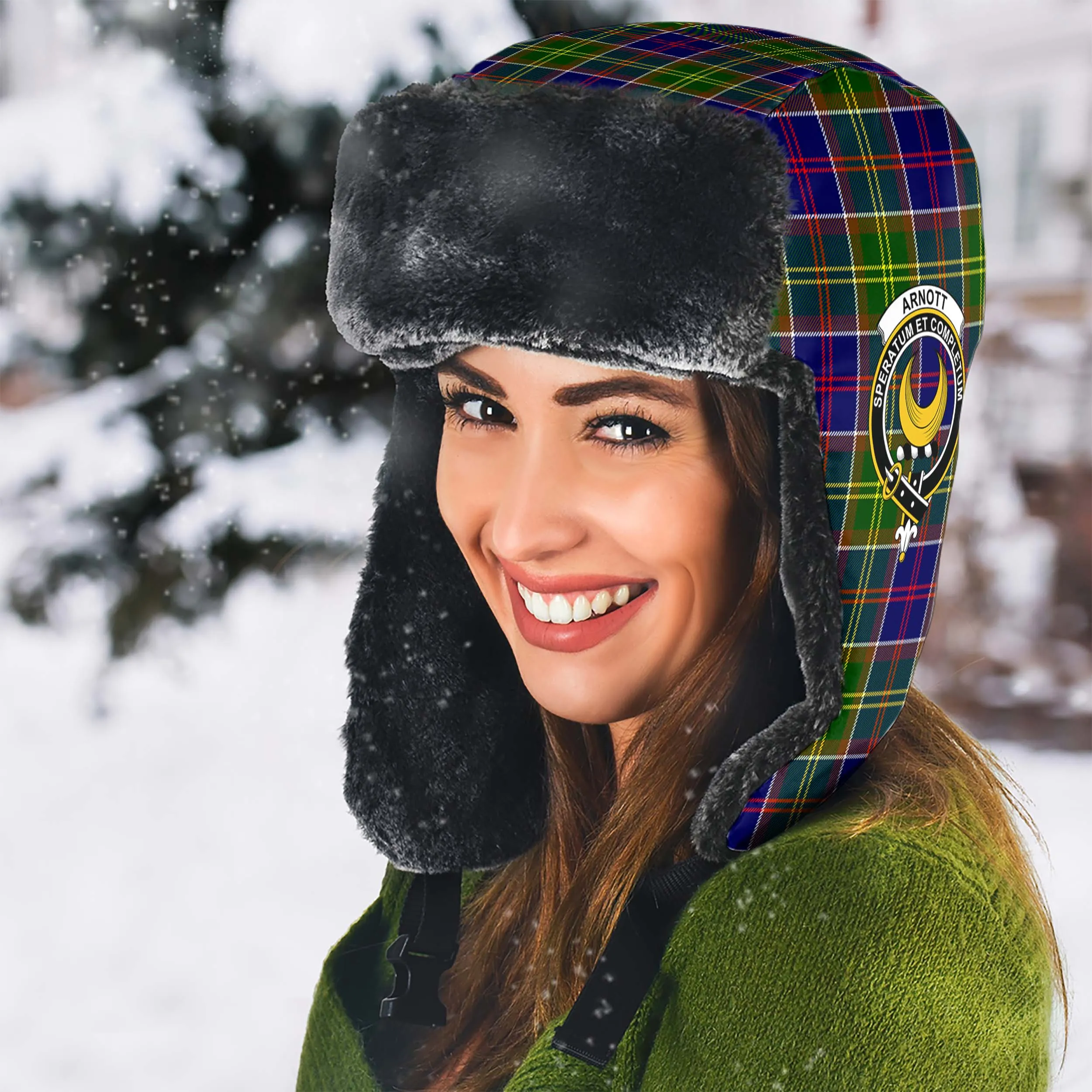 Arnott Tartan Winter Trapper Hat with Family Crest