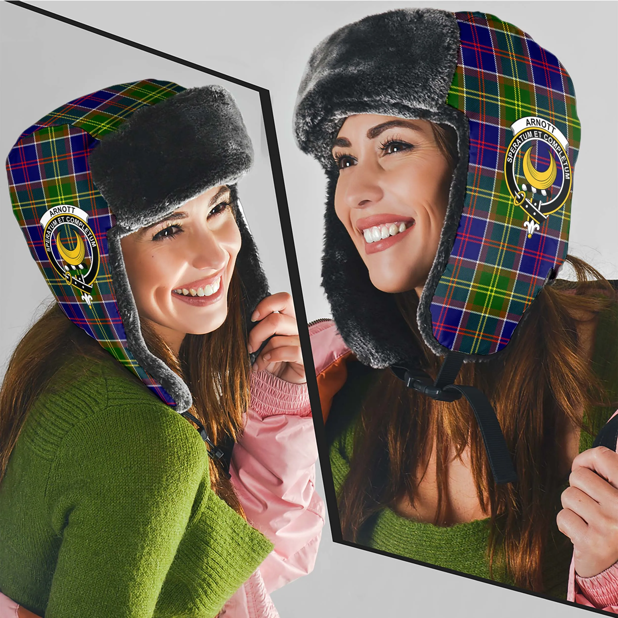 Arnott Tartan Winter Trapper Hat with Family Crest