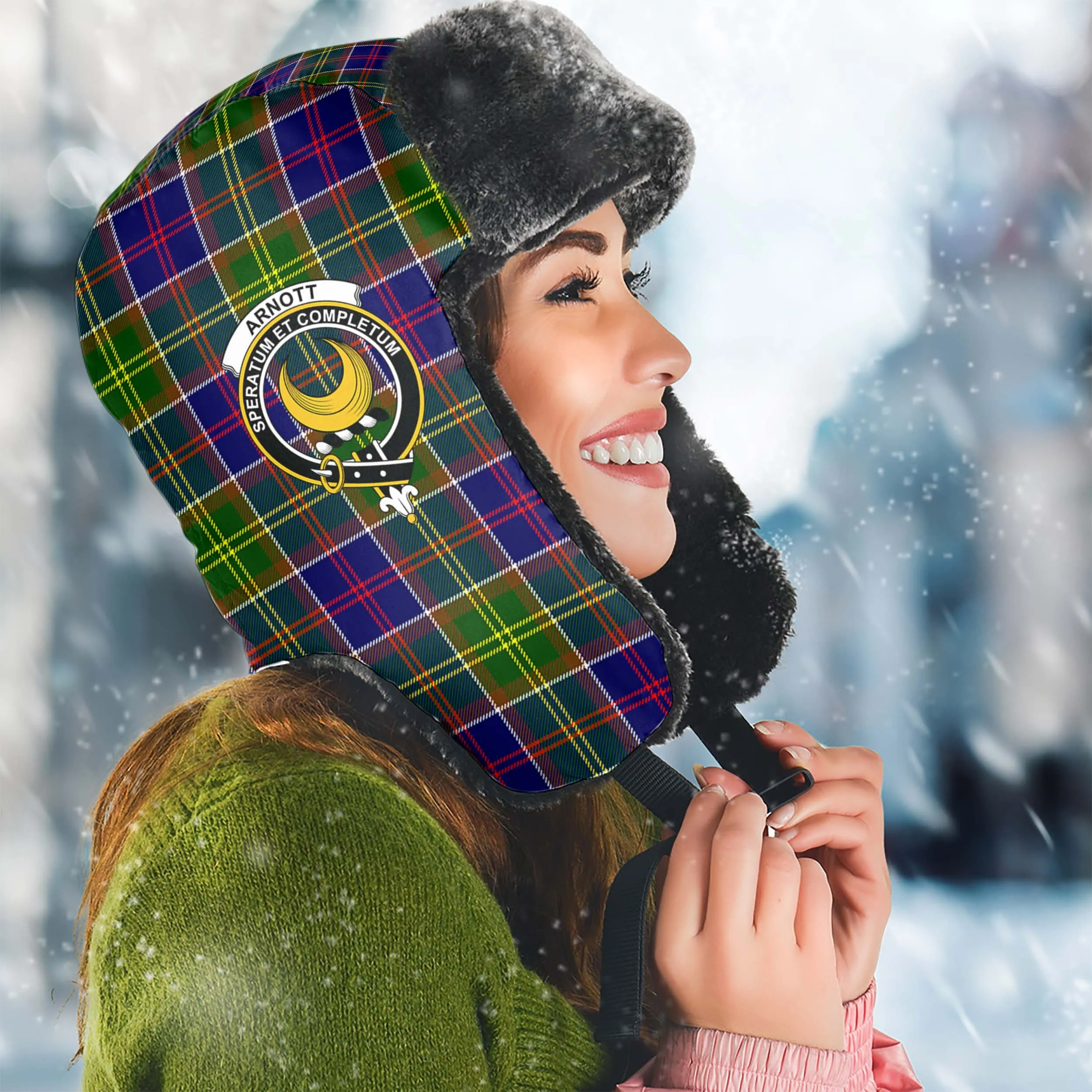 Arnott Tartan Winter Trapper Hat with Family Crest