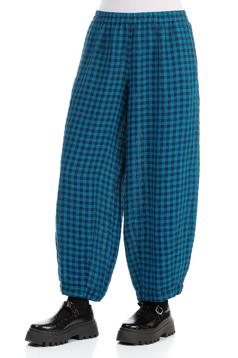 Back Pockets Blue Check Linen Trousers