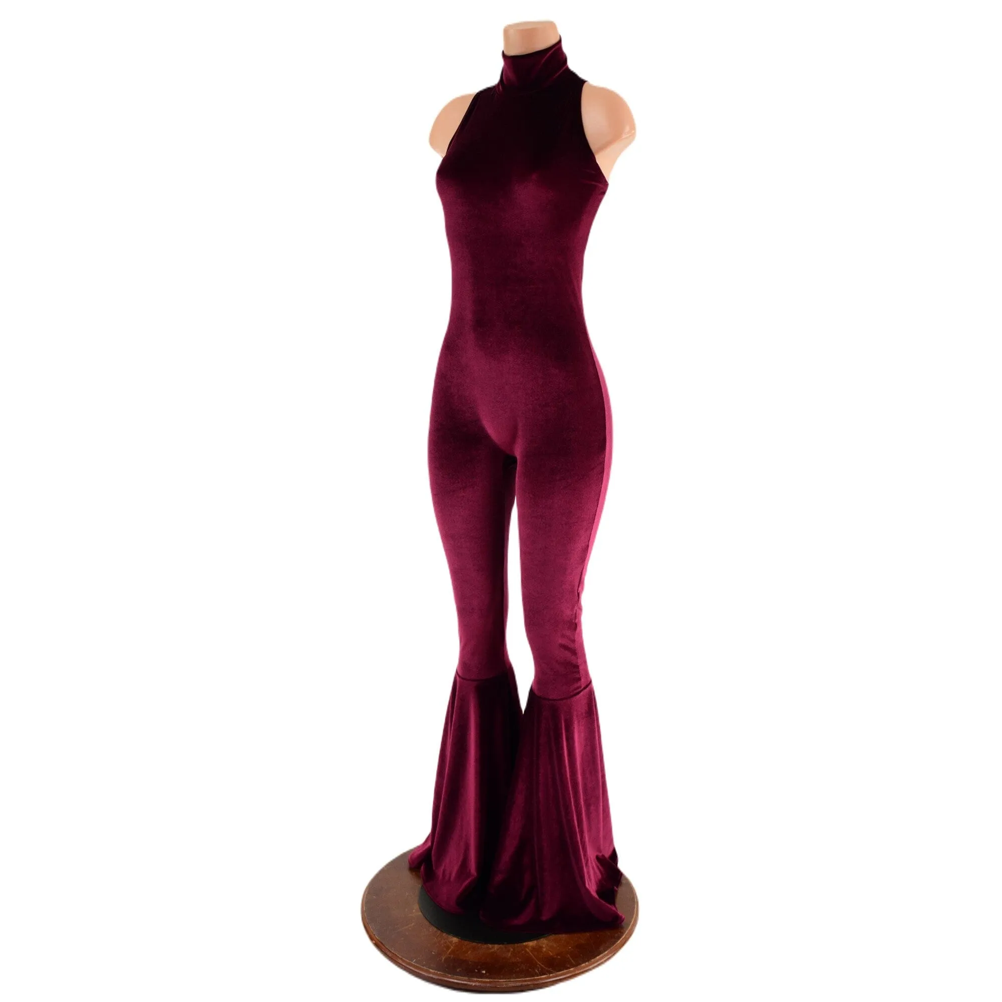 Backless, Bell Bottom Burgundy Velvet Catsuit with Snap Back Turtleneck