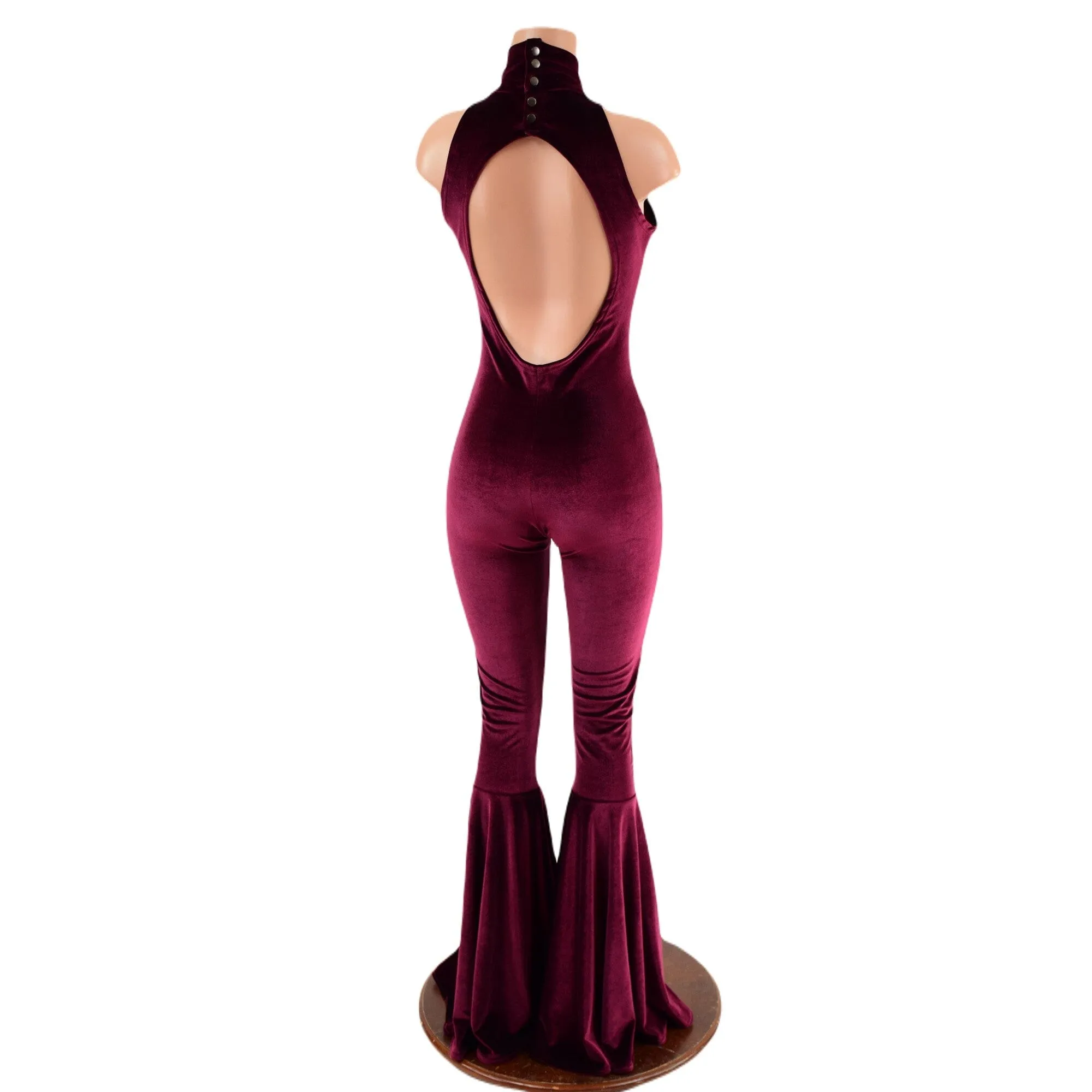 Backless, Bell Bottom Burgundy Velvet Catsuit with Snap Back Turtleneck