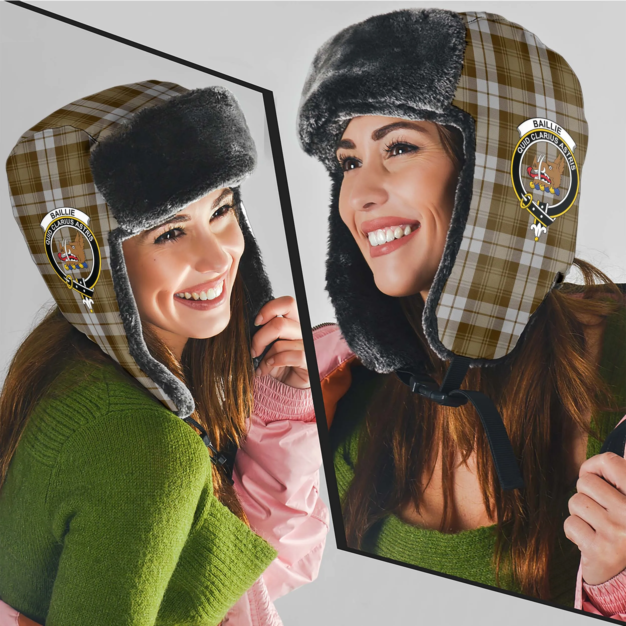 Baillie Dress Tartan Winter Trapper Hat with Family Crest