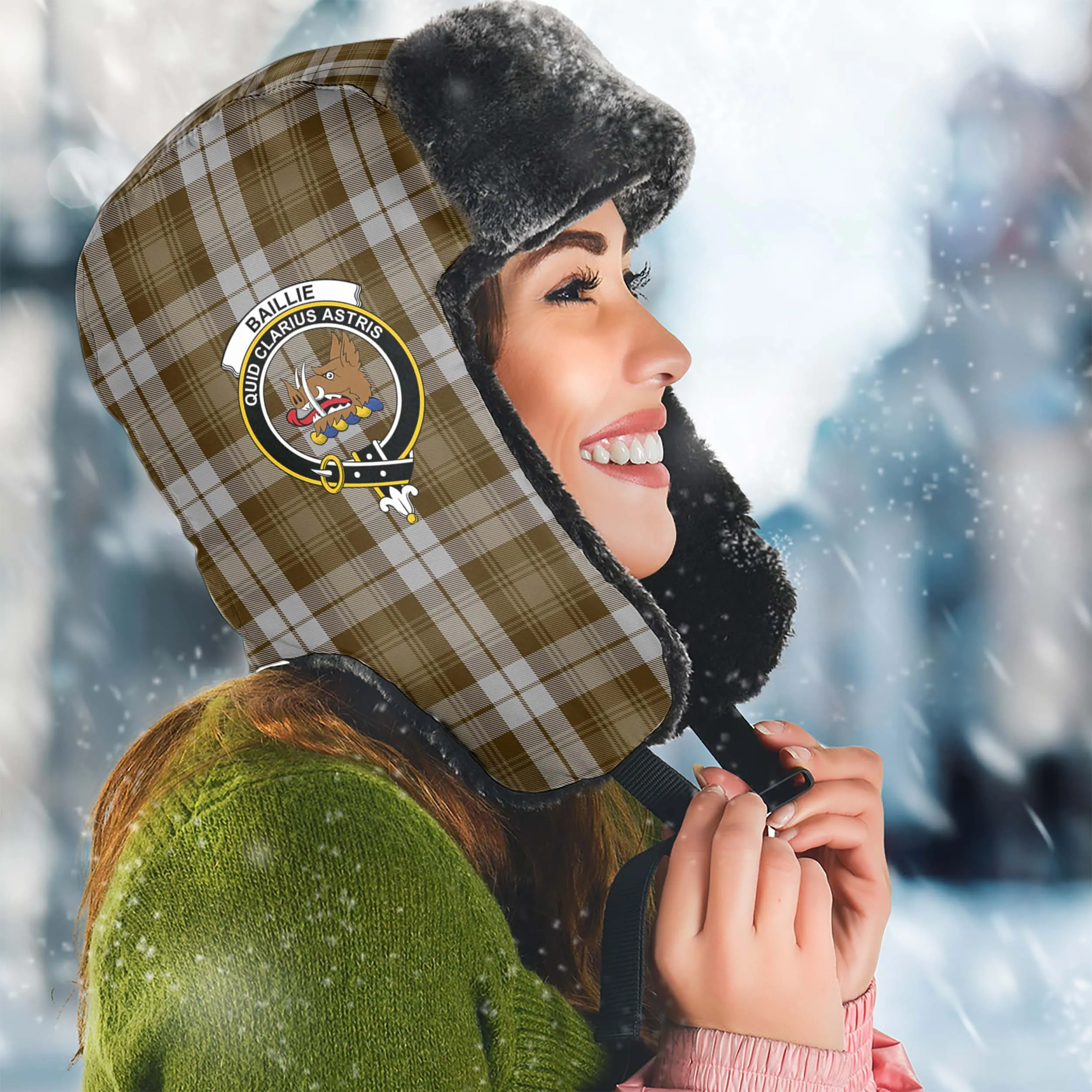 Baillie Dress Tartan Winter Trapper Hat with Family Crest