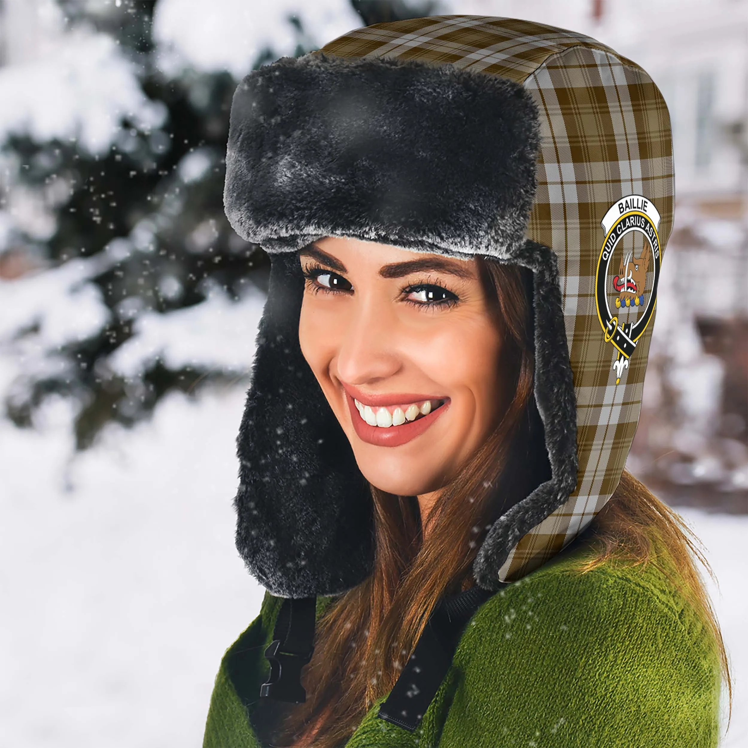 Baillie Dress Tartan Winter Trapper Hat with Family Crest