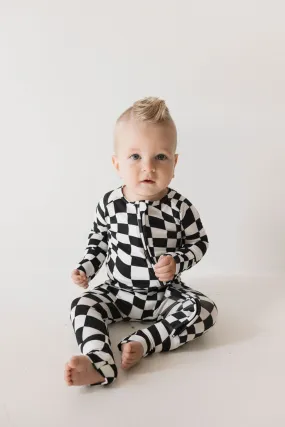 Bamboo Zip Pajamas | Black & White Wavy Checkerboard