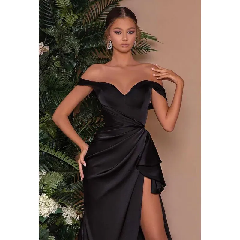 Bateau Off-Shoulder Ruched Satin Prom Evening Formal Dress With Slit