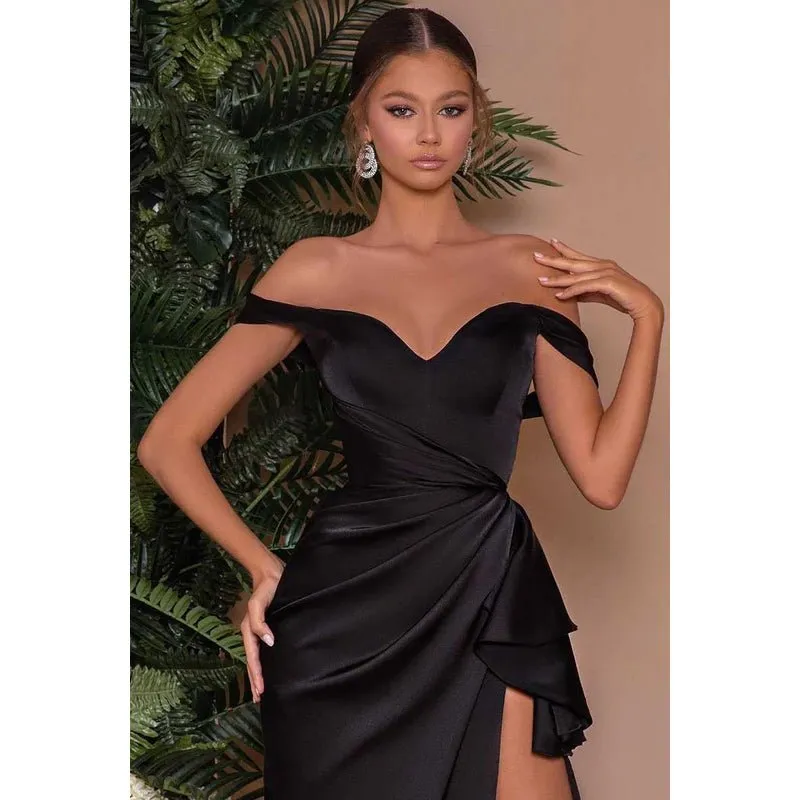 Bateau Off-Shoulder Ruched Satin Prom Evening Formal Dress With Slit