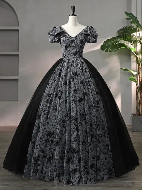 Beautiful Black Rhinestone Flower Prom Dress, Black V-Neck Short Sleeve Evening Dress