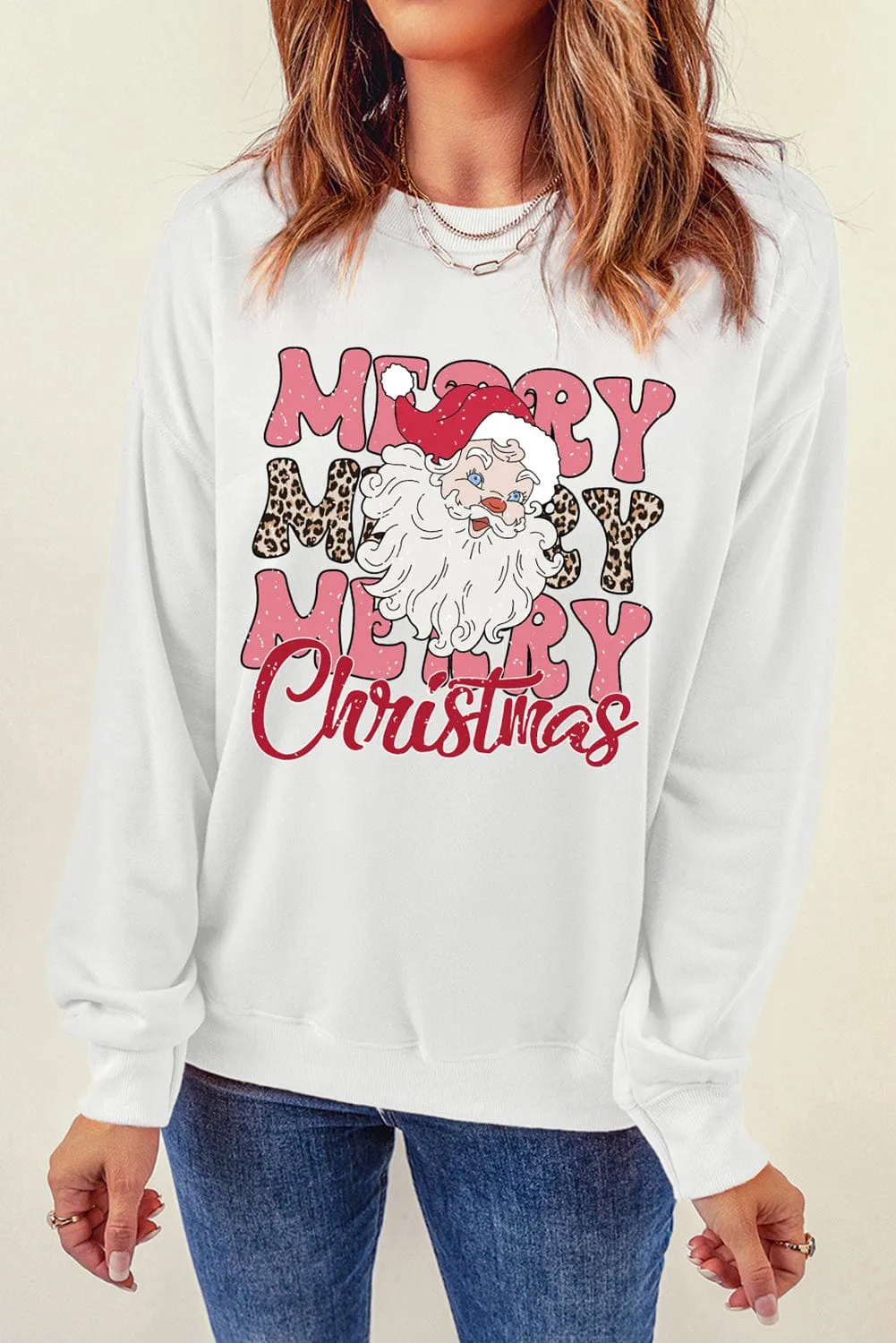 Beige Santa Claus Merry Christmas Print Crewneck Jumper