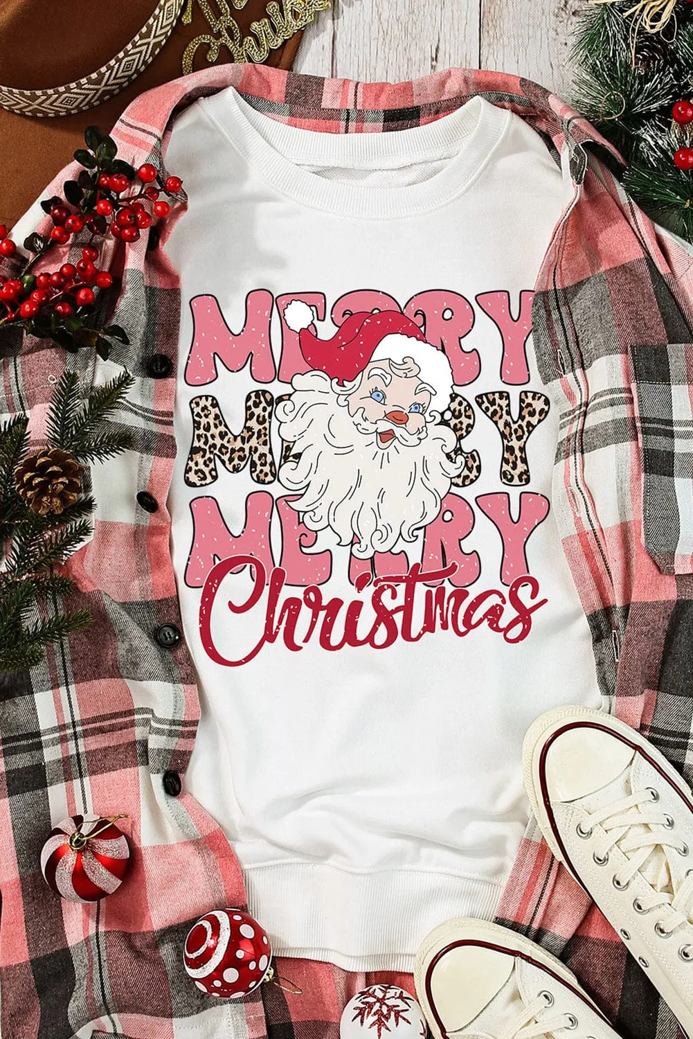 Beige Santa Claus Merry Christmas Print Crewneck Jumper