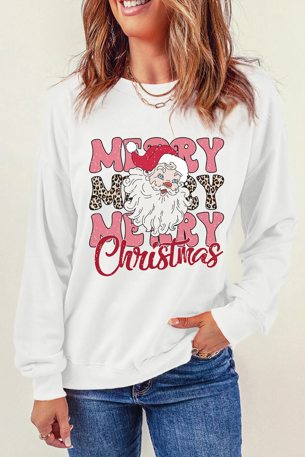 Beige Santa Claus Merry Christmas Print Crewneck Jumper