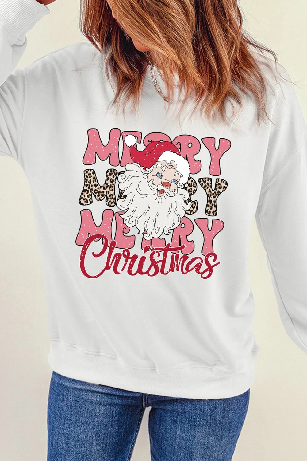 Beige Santa Claus Merry Christmas Print Crewneck Jumper