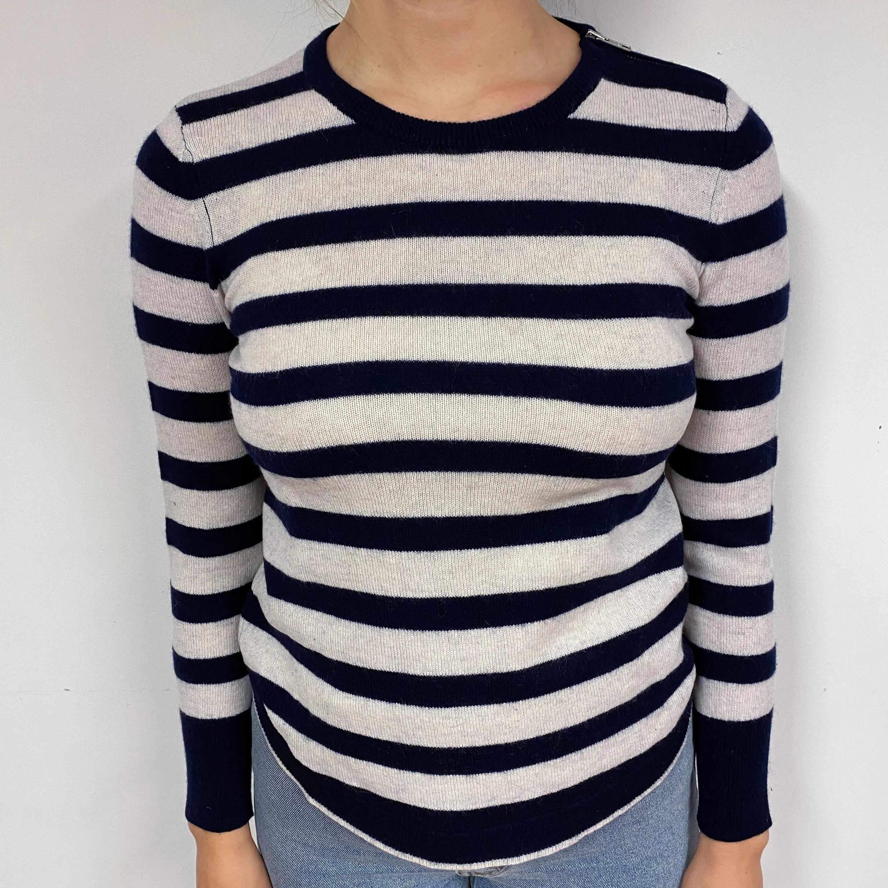 Black and Ivory Stripe Cashmere Crew Neck Jumper Small