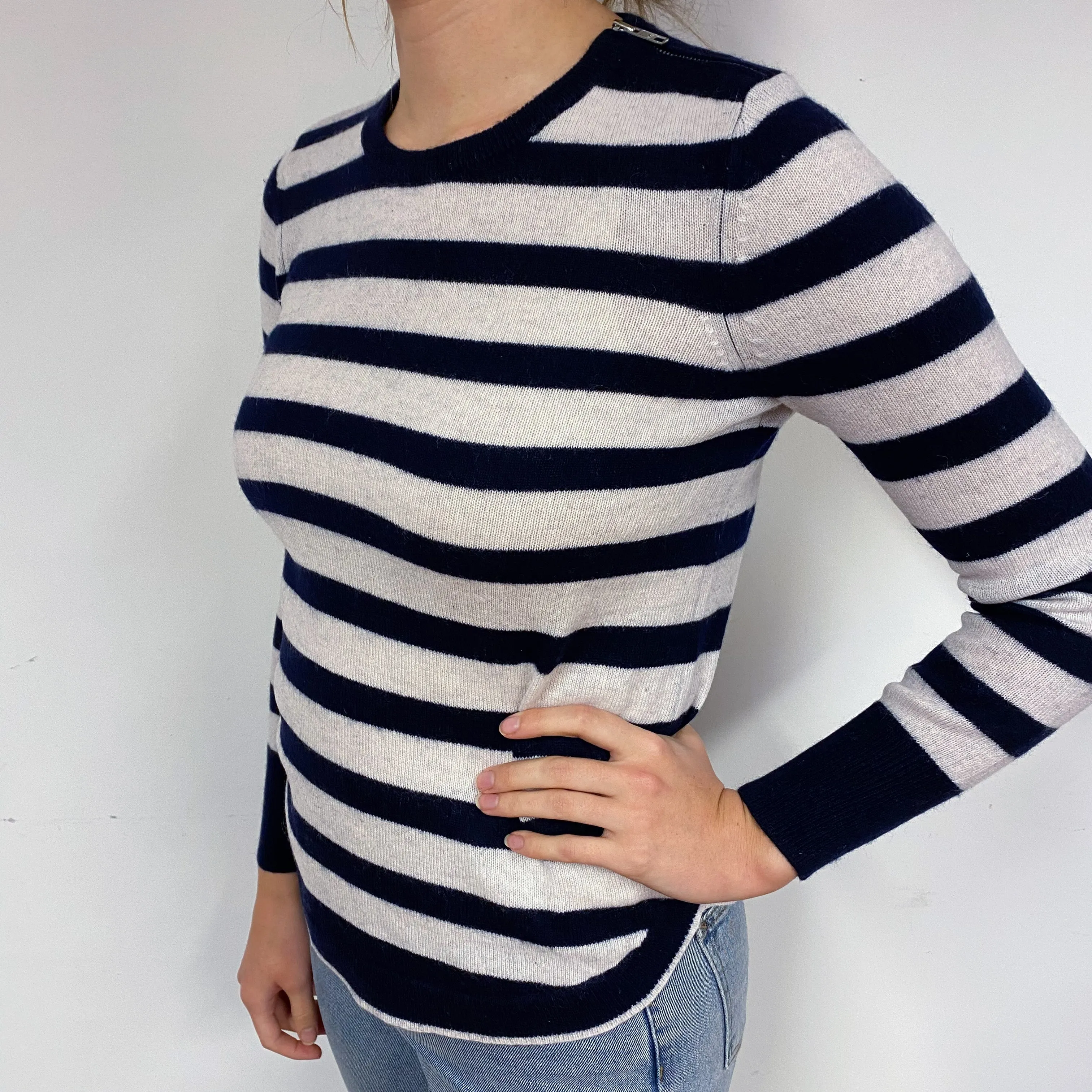 Black and Ivory Stripe Cashmere Crew Neck Jumper Small