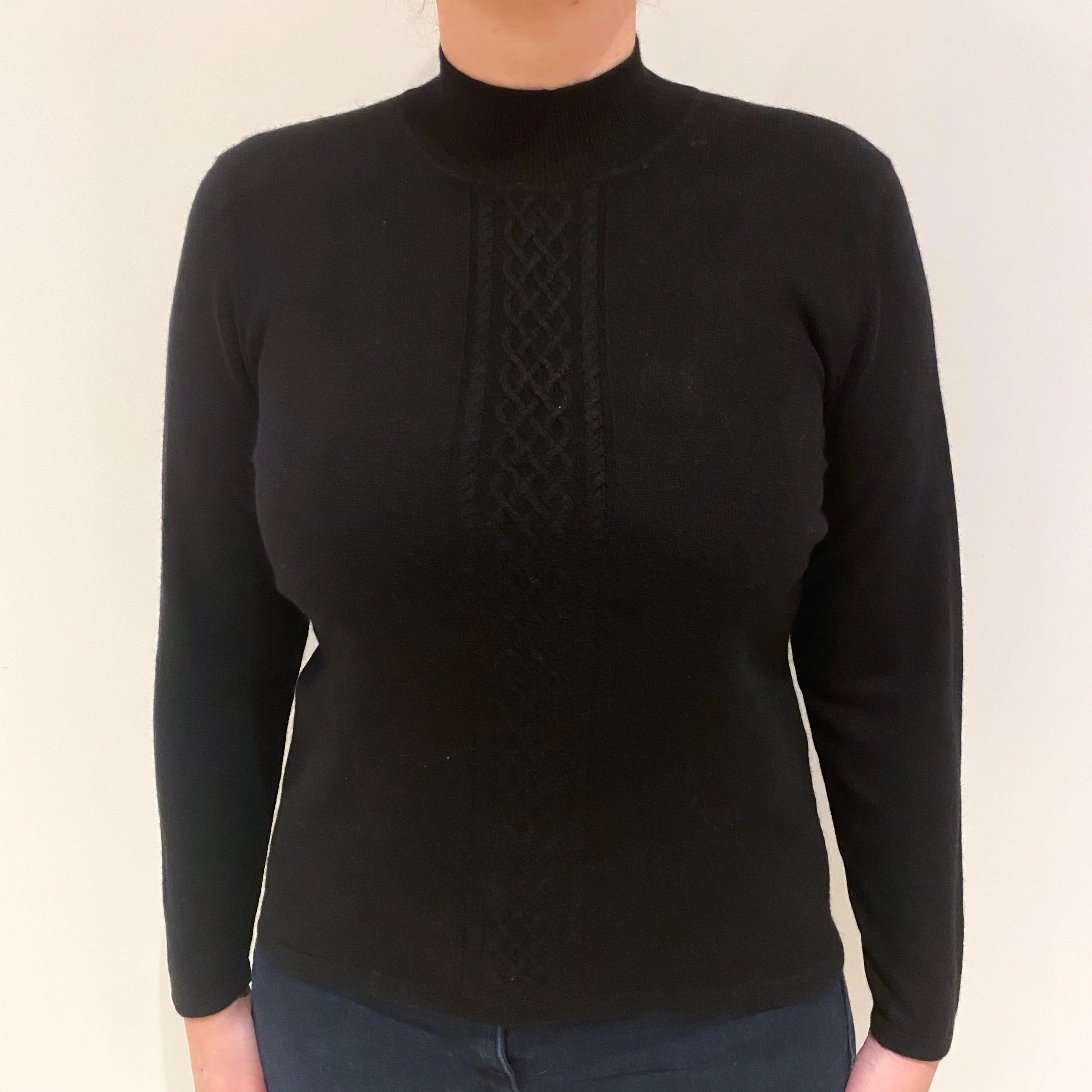 Black Cashmere Cable Front Turtle Neck Jumper Large