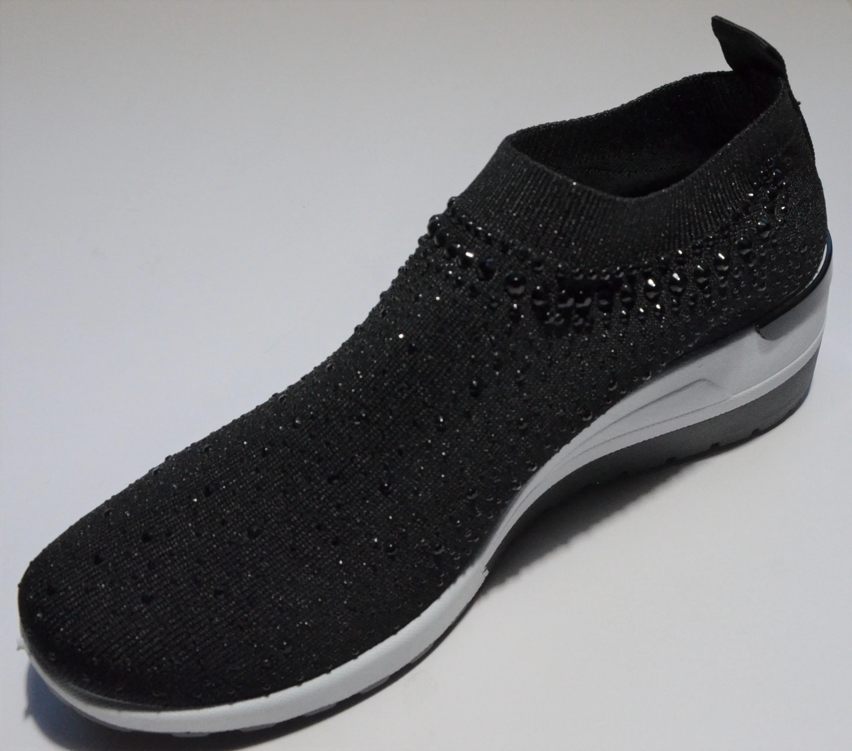 Black Crystal-Embellished Slip-On Gym Shoes With White Heel