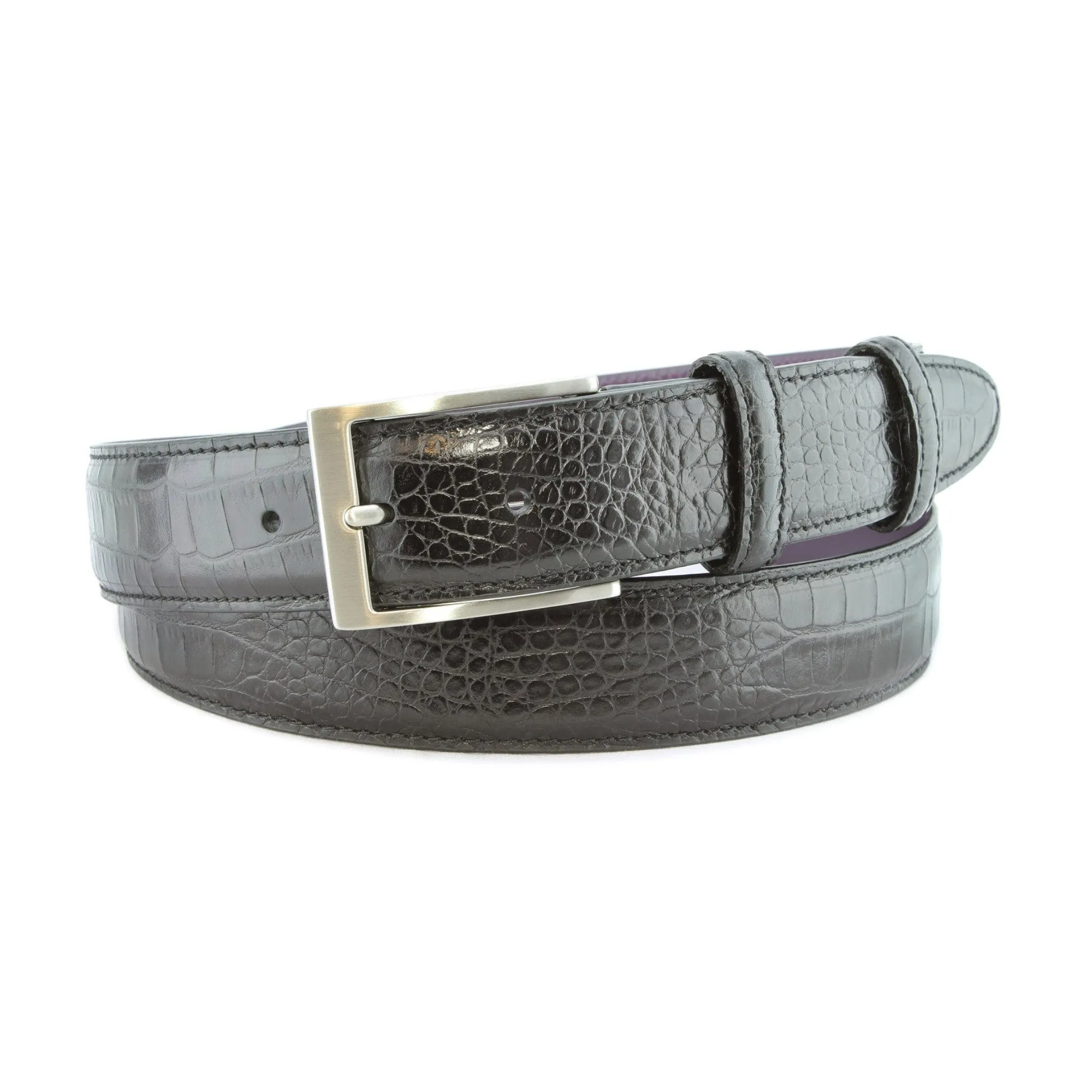 Black mock crocodile belt with satin silver buckle