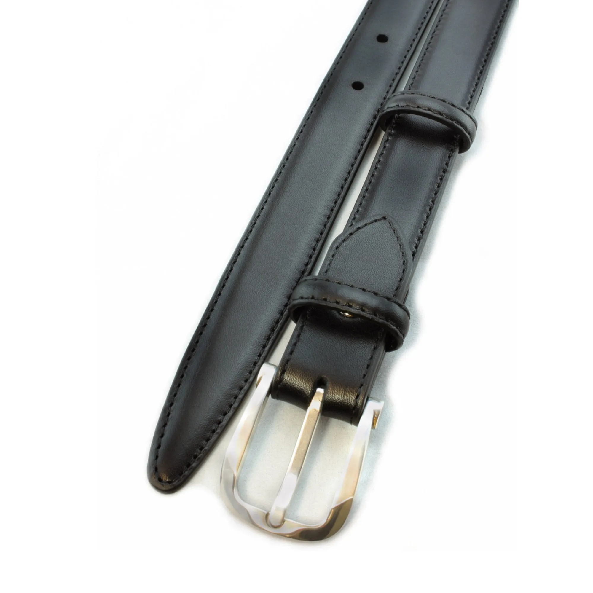 Black napa feel slim belt with silver bevel buckle