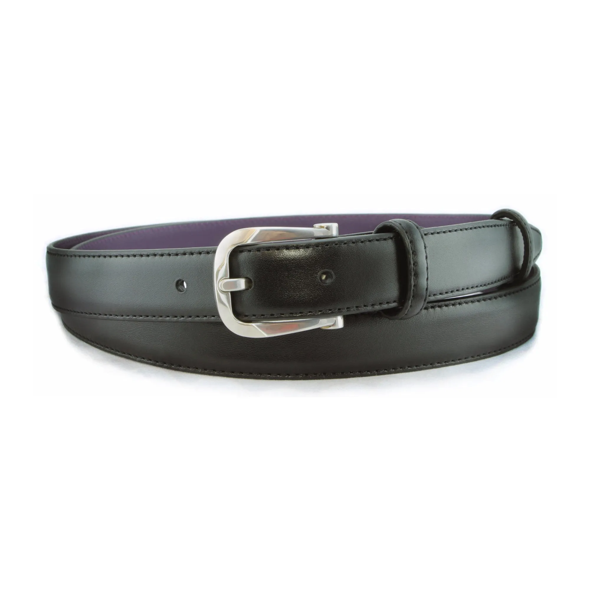 Black napa feel slim belt with silver bevel buckle