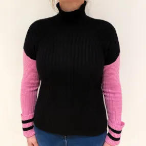 Black Pink Sleeve Cashmere Turtle Neck Jumper Large