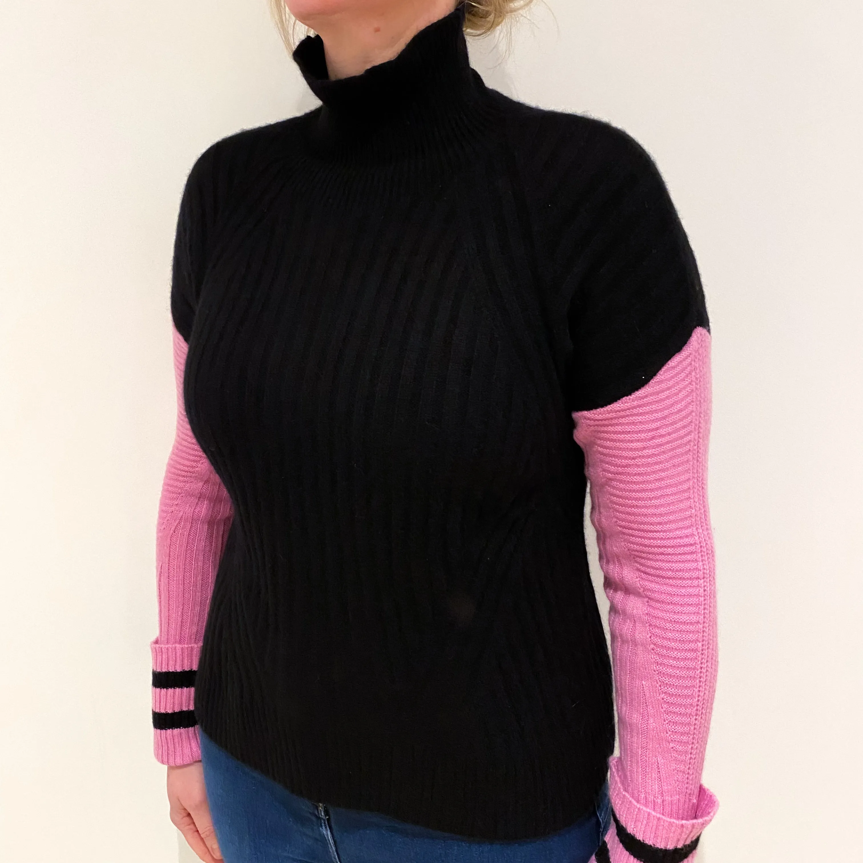 Black Pink Sleeve Cashmere Turtle Neck Jumper Large