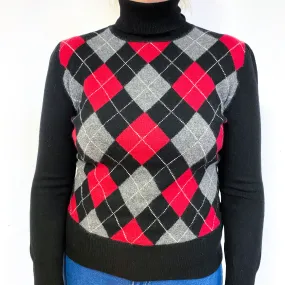 Black Red Argyle Cashmere Polo Neck Jumper Large