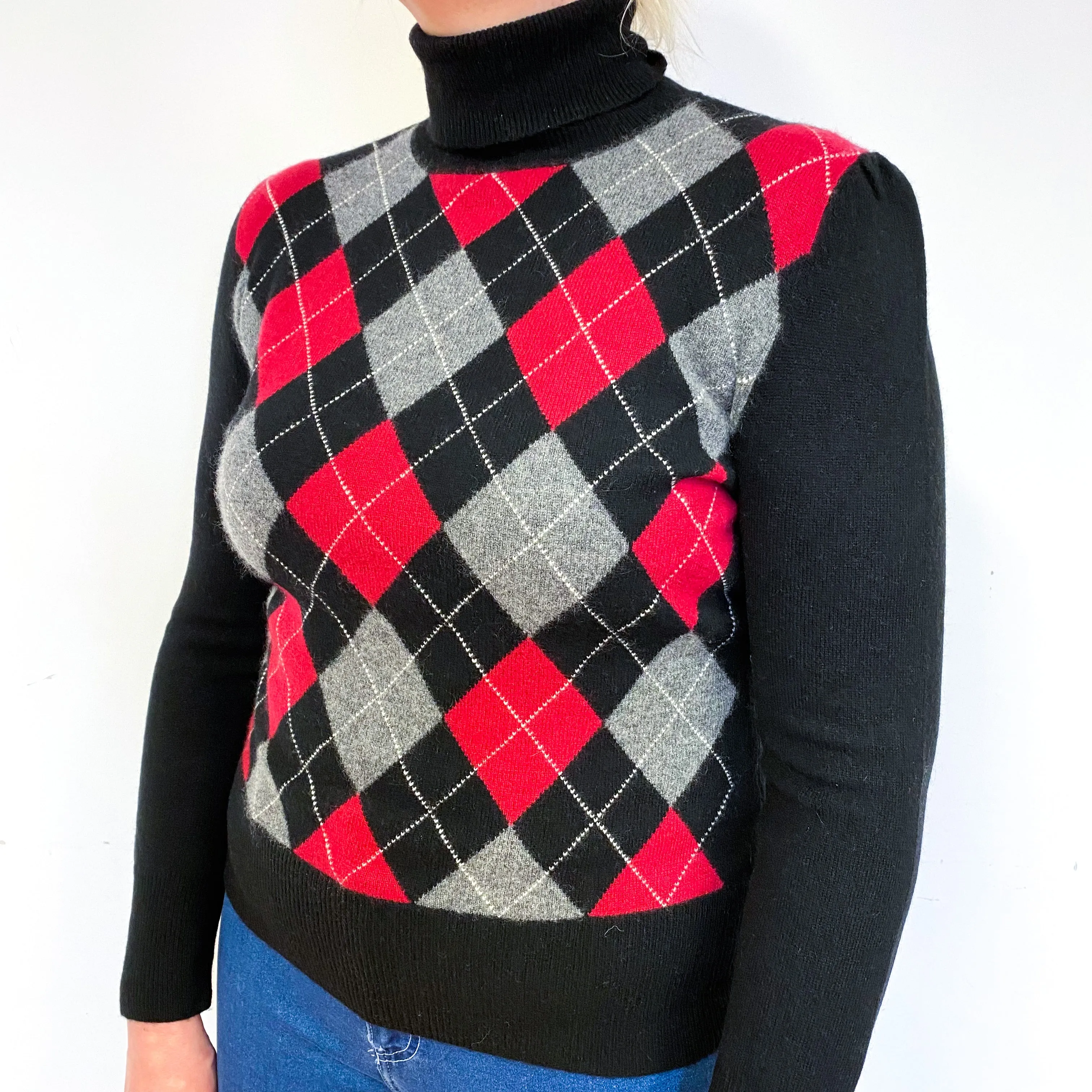 Black Red Argyle Cashmere Polo Neck Jumper Large