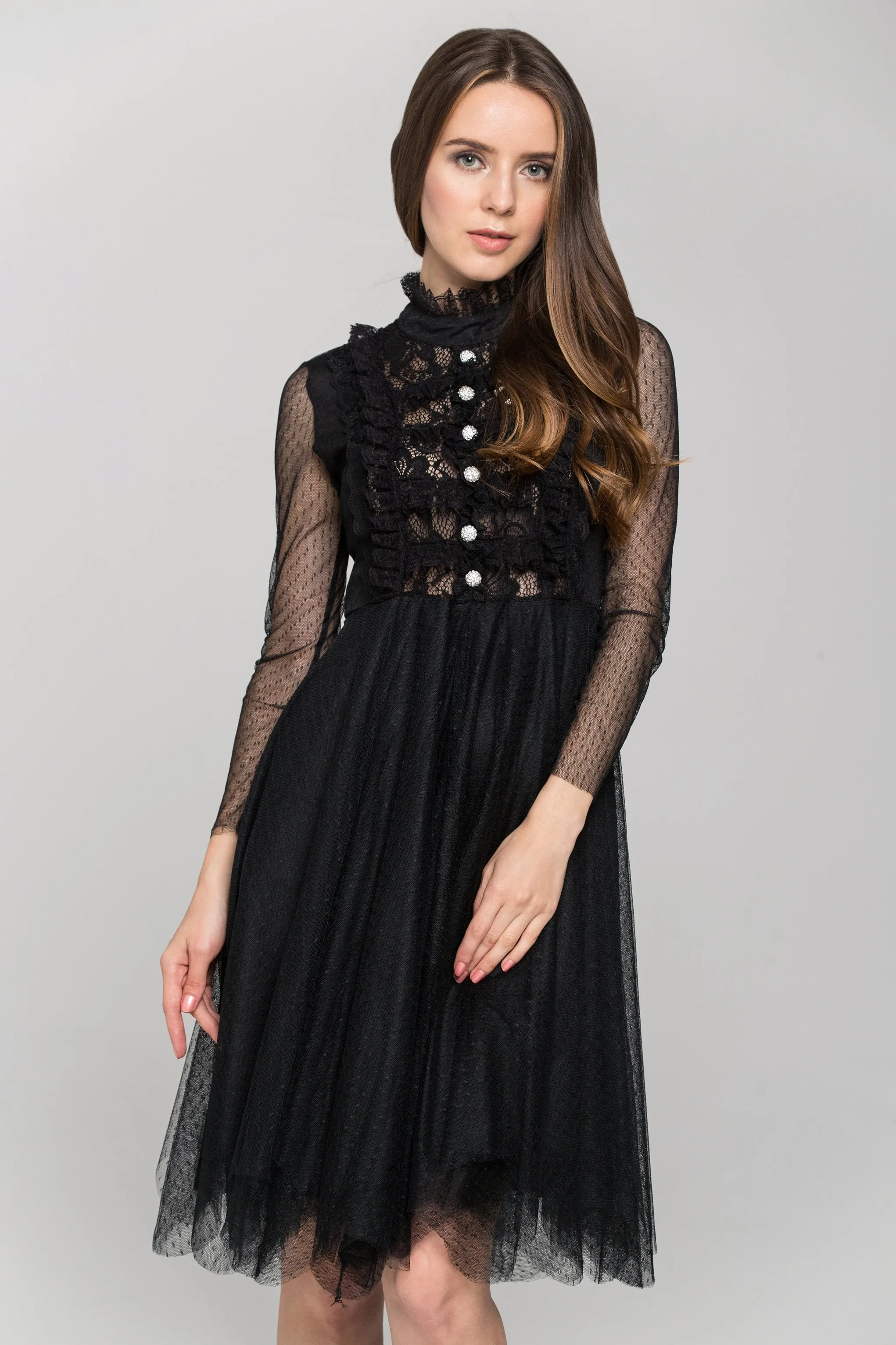 Black Sheer Sleeved Lace Bib Midi Dress