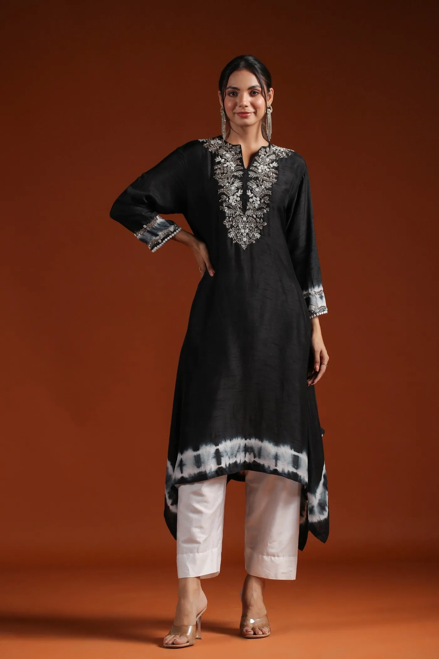 Black Tie Dyed Embellished Kurta & Pant