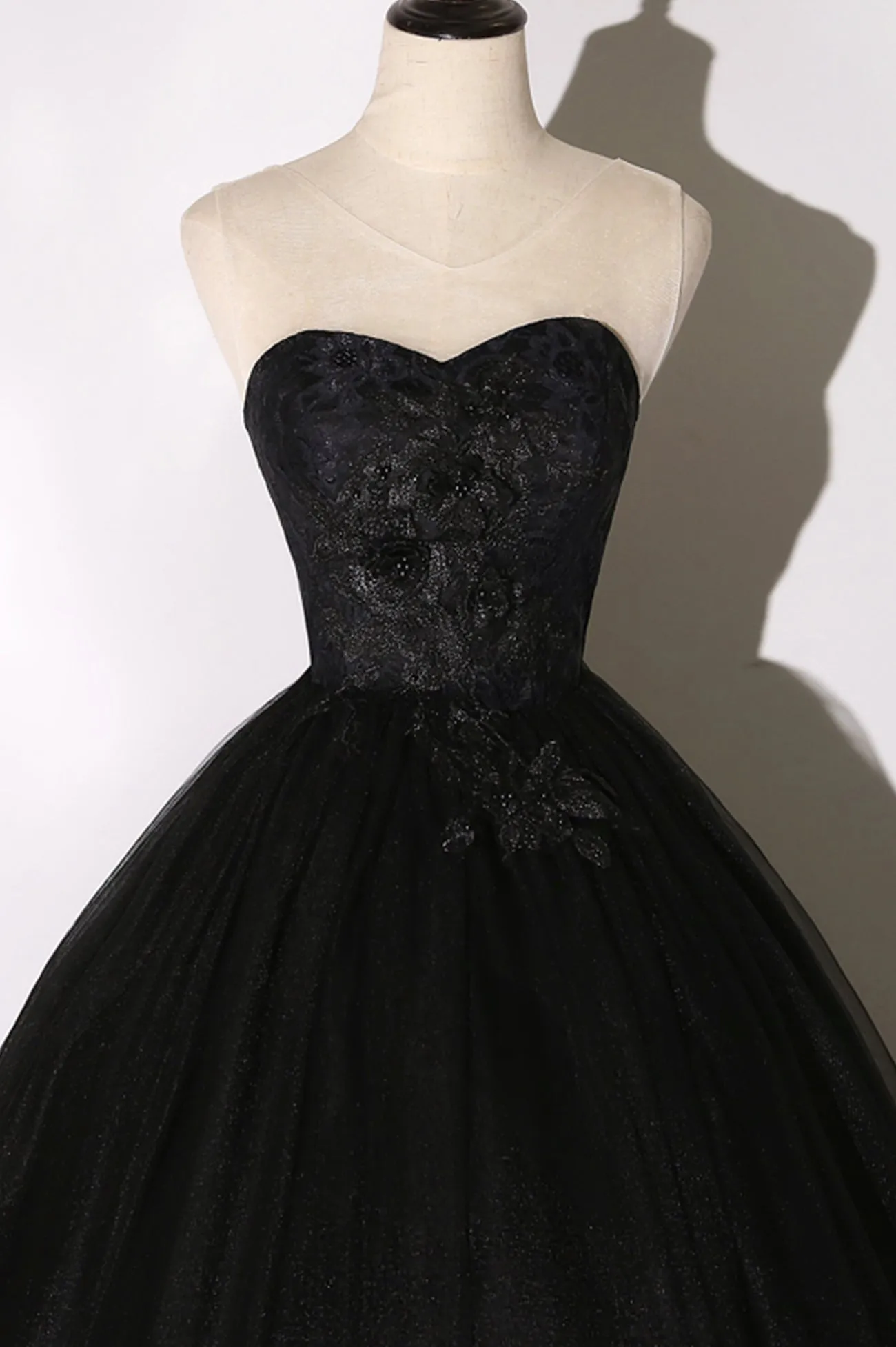 Black Tulle Lace Long Prom Dress, Black Scoop Neckline Evening Party Dress