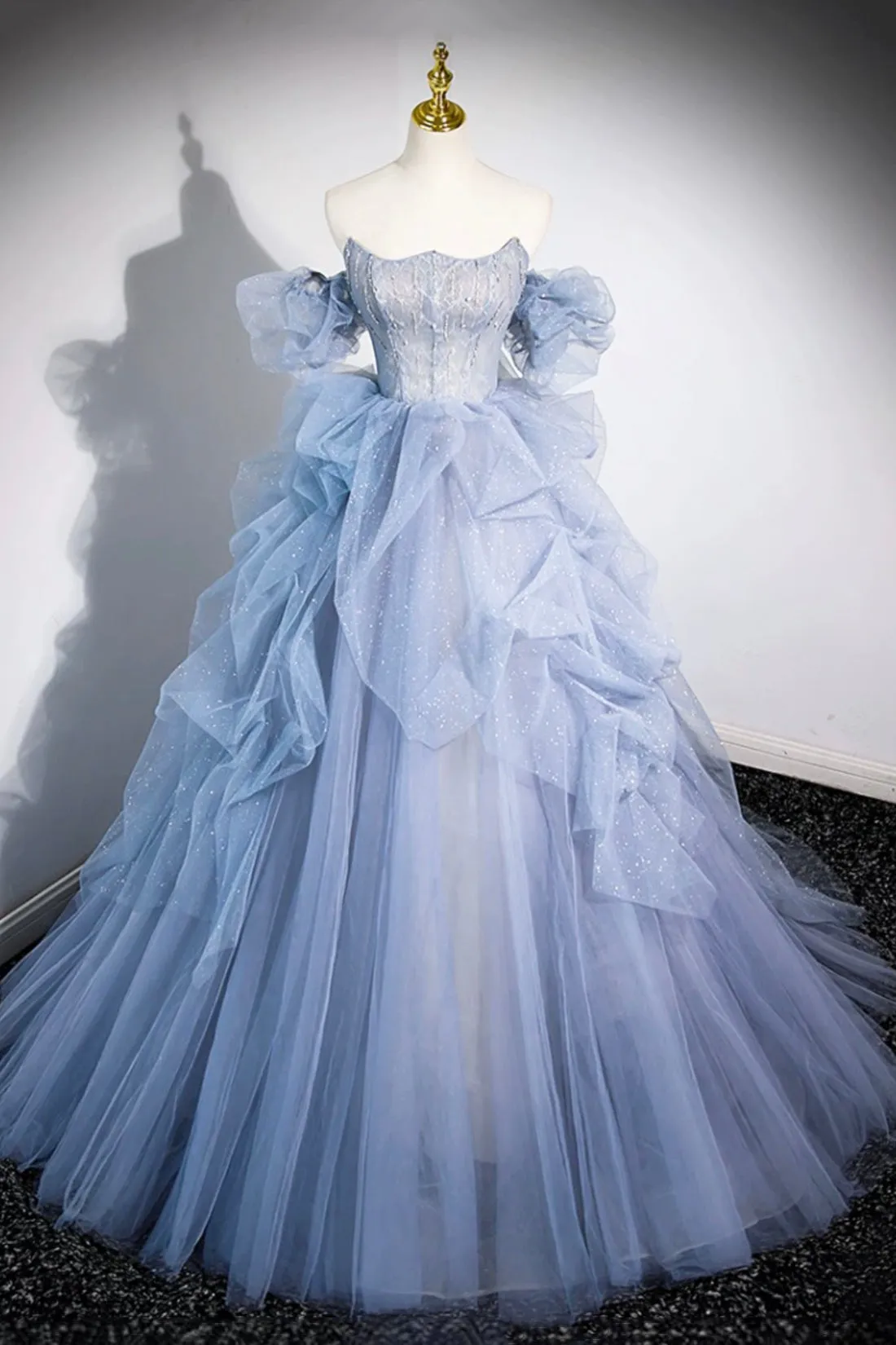 Blue Cascading Ruffles Long Prom Dresses, A-Line Strapless Short Sleeve Sweep Train Evening Dress