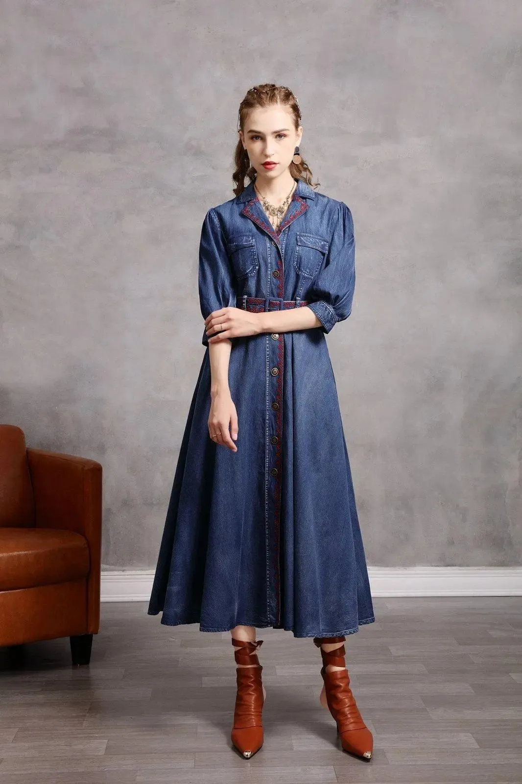 Blue Denim Embroidered Belted Half Sleeve Midi Dress