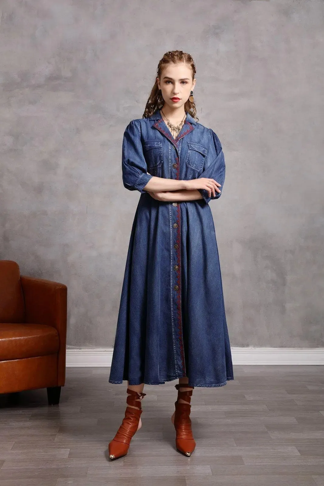 Blue Denim Embroidered Belted Half Sleeve Midi Dress