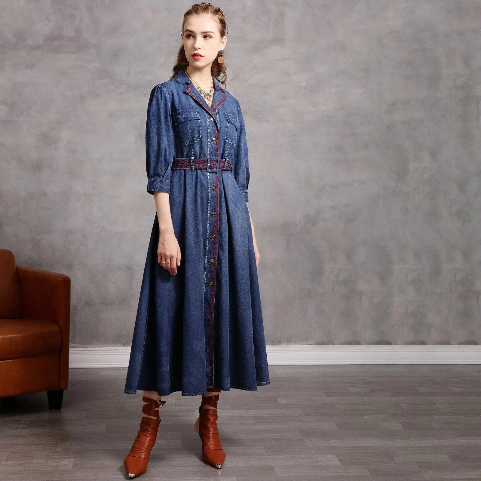 Blue Denim Embroidered Belted Half Sleeve Midi Dress