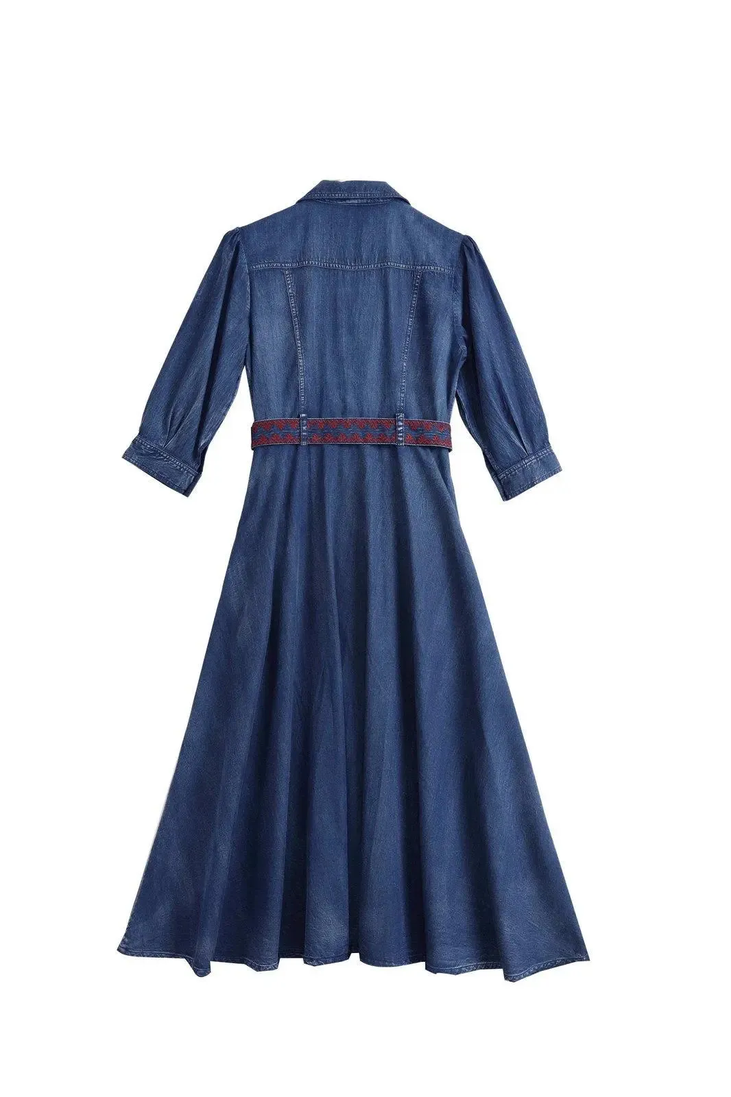 Blue Denim Embroidered Belted Half Sleeve Midi Dress